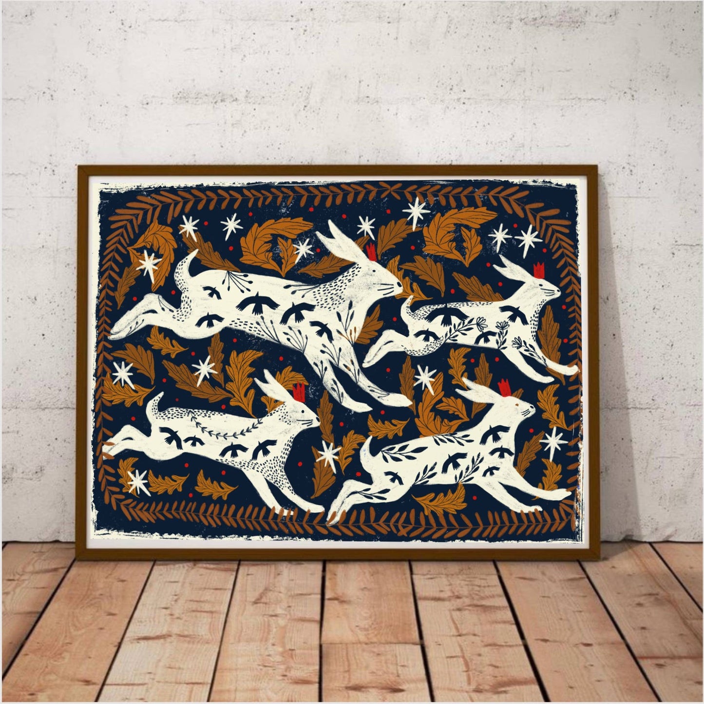 Poster rennende hazen, donkerblauwe achtergrond