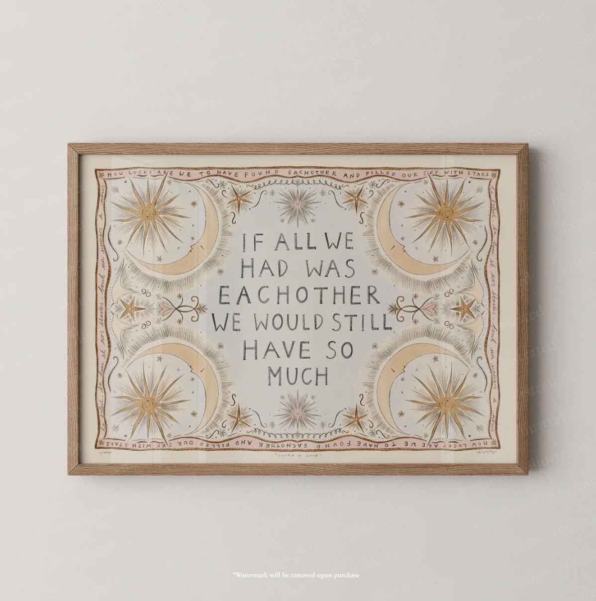 Nephthys Illustrated poster Lucky in Love A3 formaat met handgetekende zonnen en manen in houten lijst