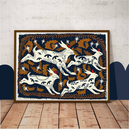 Poster rennende hazen, donkerblauwe achtergrond