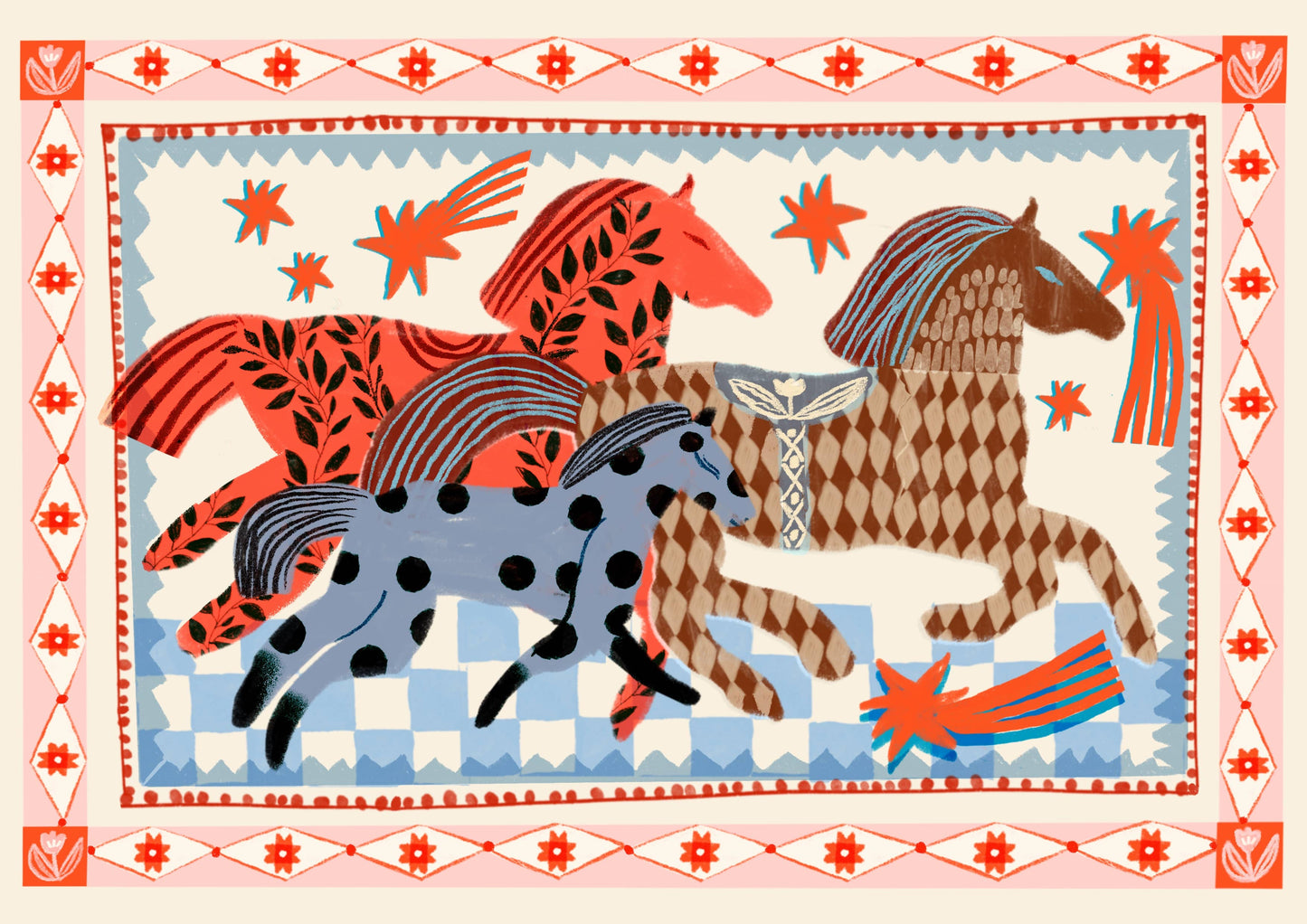 Rennende paarden in folkstijl poster