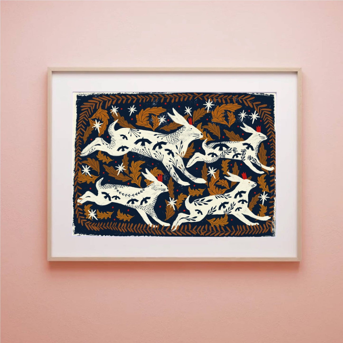 Poster rennende hazen, donkerblauwe achtergrond