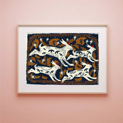 Poster rennende hazen, donkerblauwe achtergrond