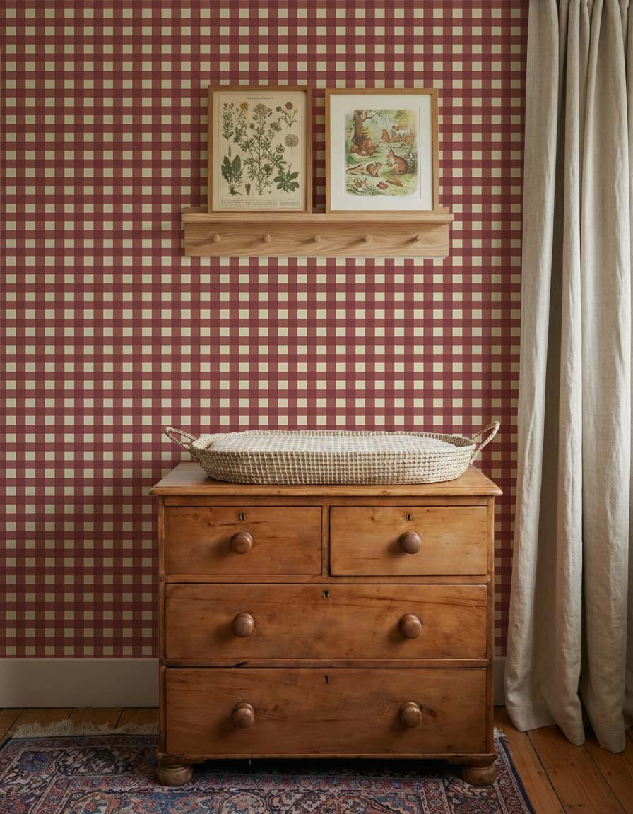 Behang Atelier Chien Gingham ruiten wijnrood