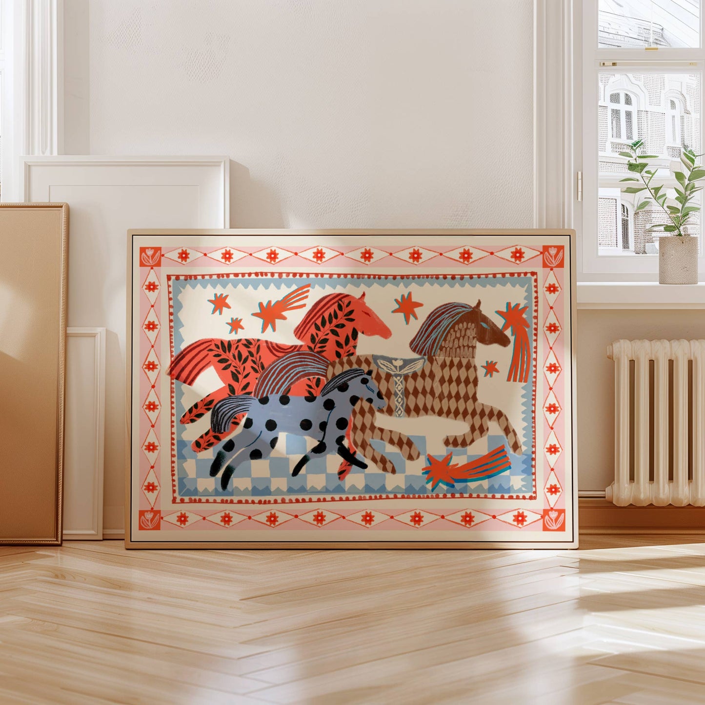 Rennende paarden in folkstijl poster