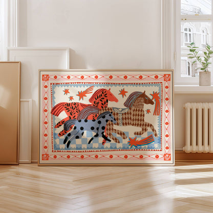 Rennende paarden in folkstijl poster
