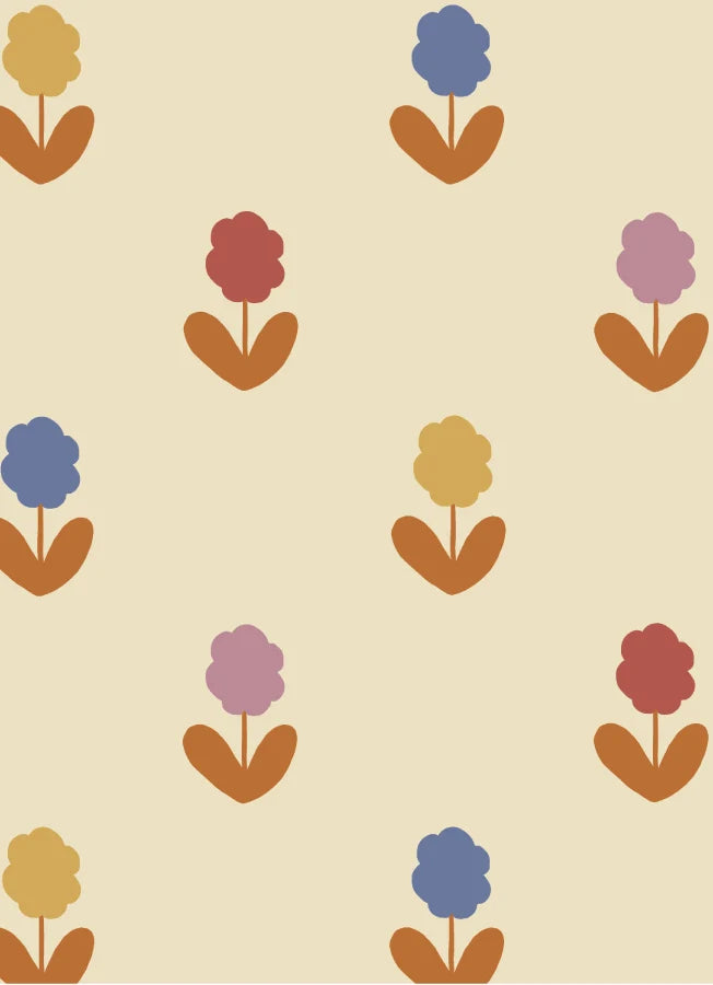 Atelier Chien Bloemen gekleurd beige vliesbehang met bloemetjes patroon kinderkamer