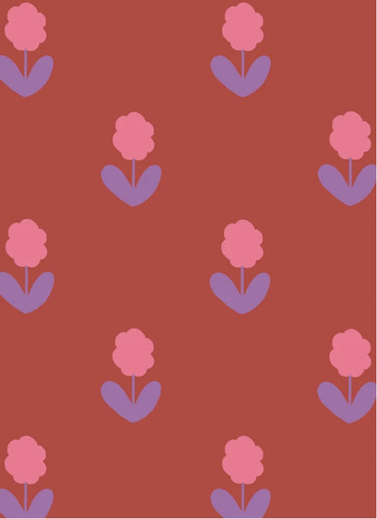 Atelier Chien Bloemen rood vliesbehang met roze en paarse bloemetjes patroon kinderkamer