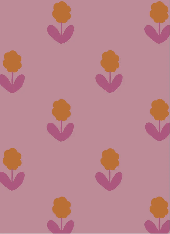 Atelier Chien Bloemen roze vliesbehang met oranje bloemetjes patroon kinderkamer