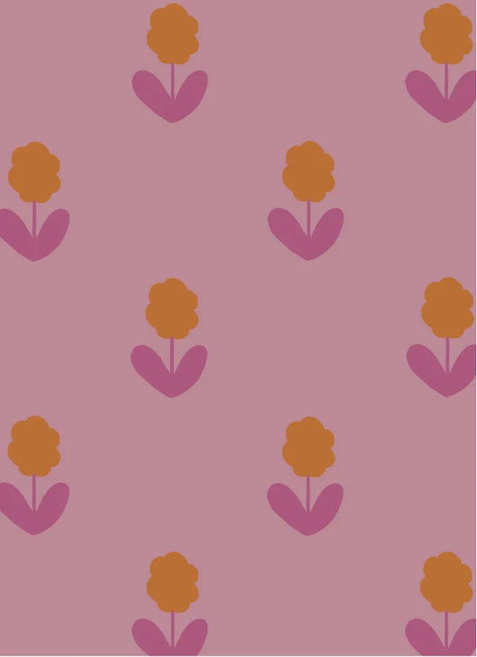 Atelier Chien Bloemen roze vliesbehang met oranje bloemetjes patroon kinderkamer