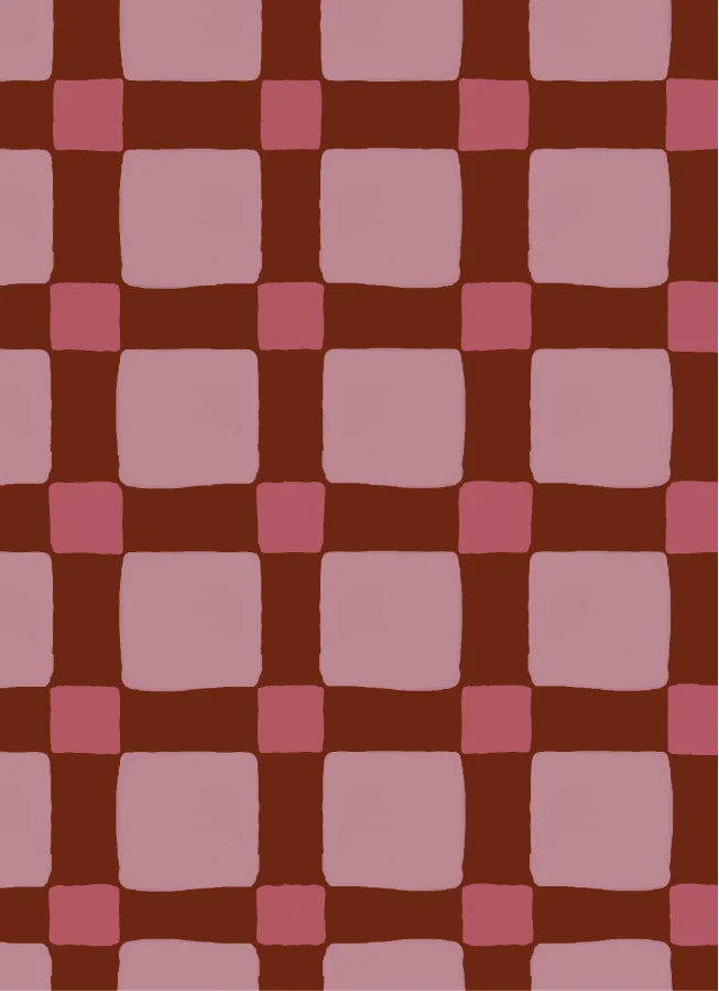 Atelier Chien Geblokt quilt bordeauxrood vliesbehang met handgetekend blokpatroon