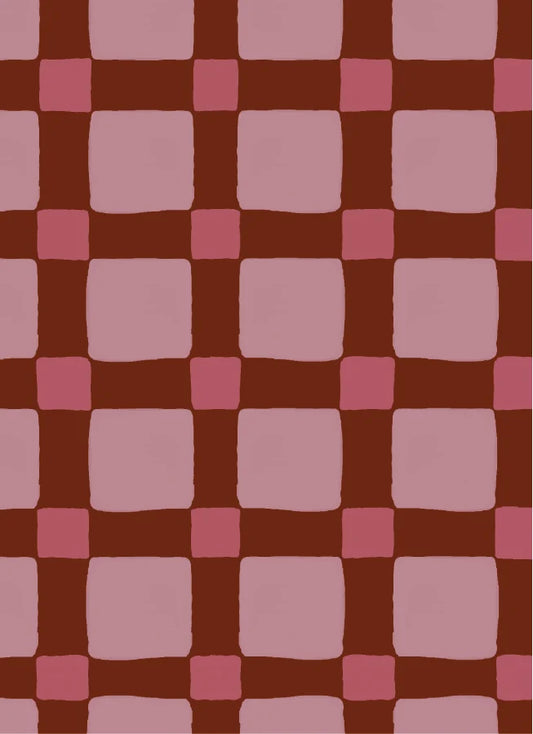 Atelier Chien Geblokt quilt bordeauxrood vliesbehang met handgetekend blokpatroon