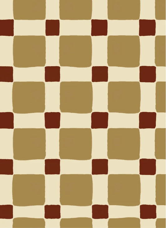 Atelier Chien Geblokt quilt olijfgroen vliesbehang met handgetekend blokpatroon