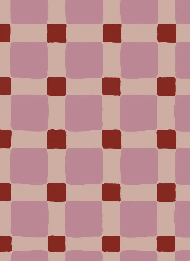 Atelier Chien - Detailweergave van het geblokte quilt vliesbehang in bordeauxrood