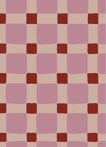 Atelier Chien - Detailweergave van het geblokte quilt vliesbehang in bordeauxrood