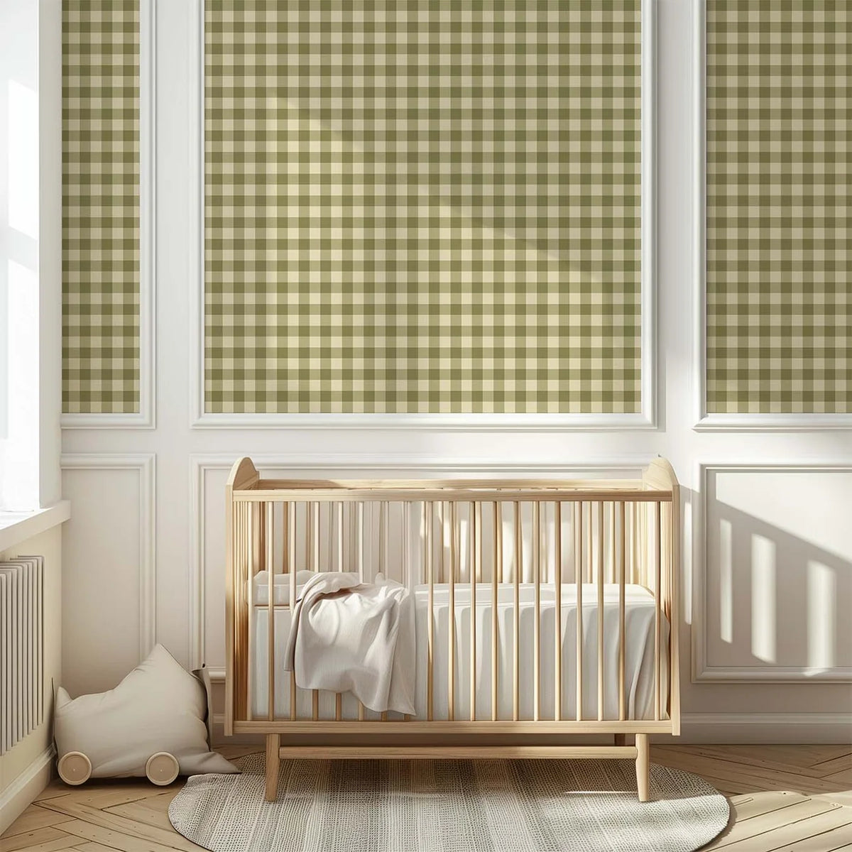 Babykamer met groen Gingham ruitenbehang van Atelier Chien boven een houten spijlenbedje