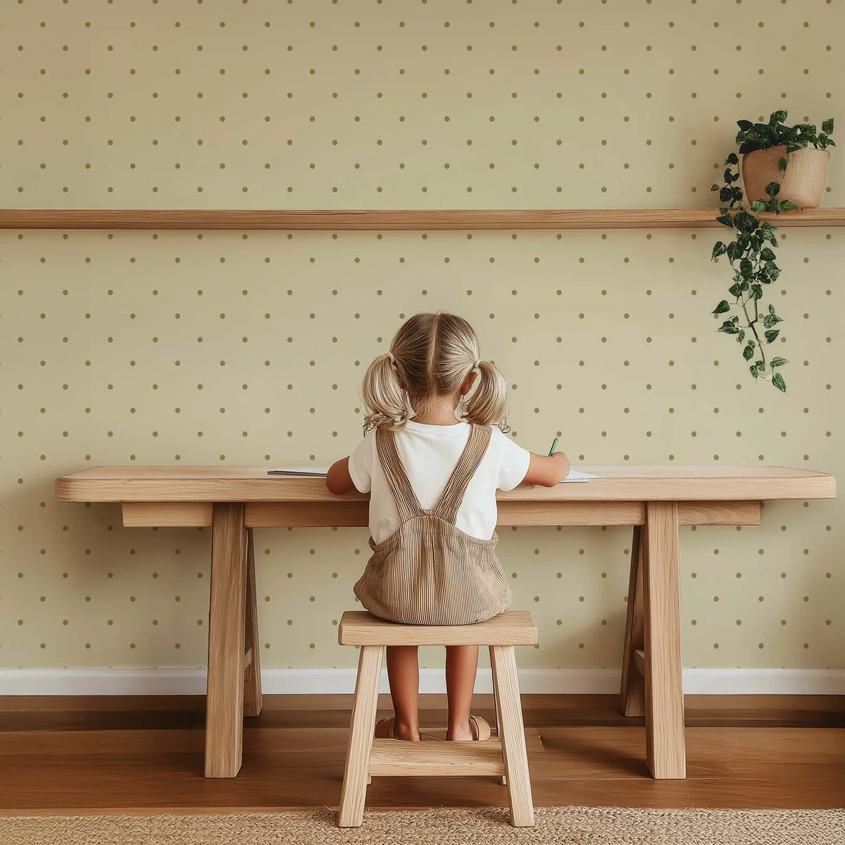 Kinderkamer wand met Atelier Chien Polkadot mini olijfgroen behang achter houten bureau en stoeltje