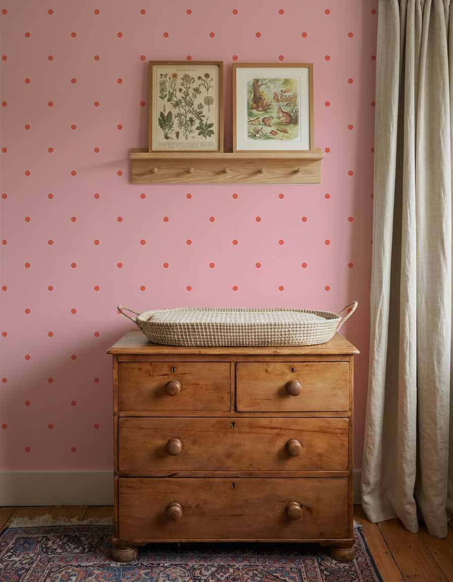 Kinderkamer wand met Atelier Chien Polkadot maxi roze rood behang achter houten commode en wandplankje