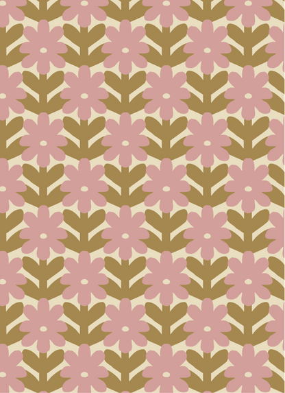 Detailopname van het zachtroze bloemmotief van Atelier Chien behang