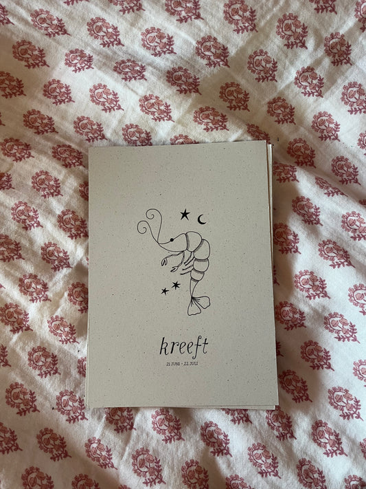 Poëtische sterrenbeeld poster van de Kreeft getekend in fijne lijnillustratie op duurzaam bermgras papier van Atelier Fabel