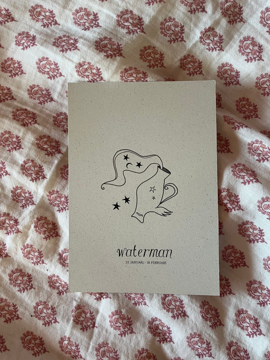 Poëtische sterrenbeeld poster van de Waterman getekend in fijne lijnillustratie op duurzaam bermgras papier van Atelier Fabel