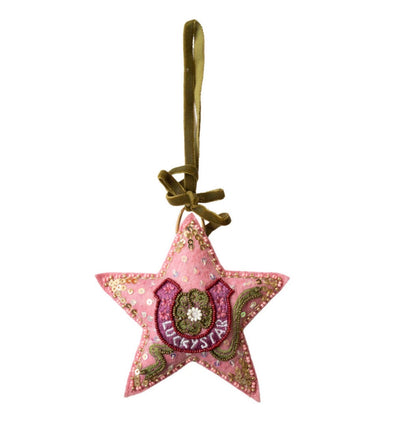 All The Luck In The World roze stoffen ster ornament Lucky Star met hoefijzer, pailletten en olijfgroen fluwelen lint