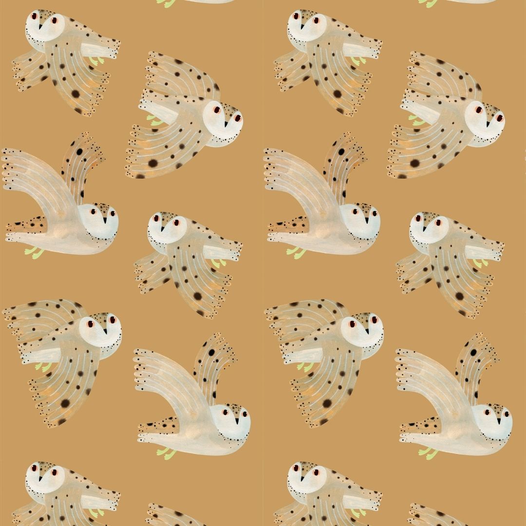 Behangstaal Meet me at the Wall - Owl - Dusty Yellow - Aniek Bartels