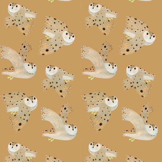 Behangstaal Meet me at the Wall - Owl - Dusty Yellow - Aniek Bartels