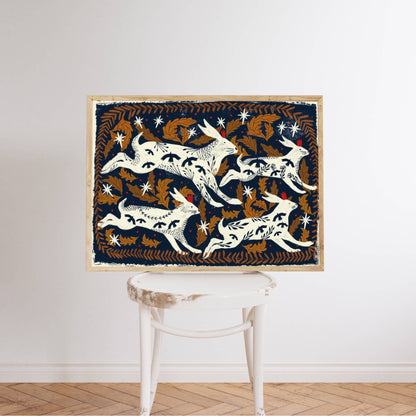 Poster rennende hazen, donkerblauwe achtergrond