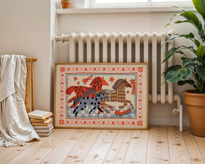 Rennende paarden in folkstijl poster