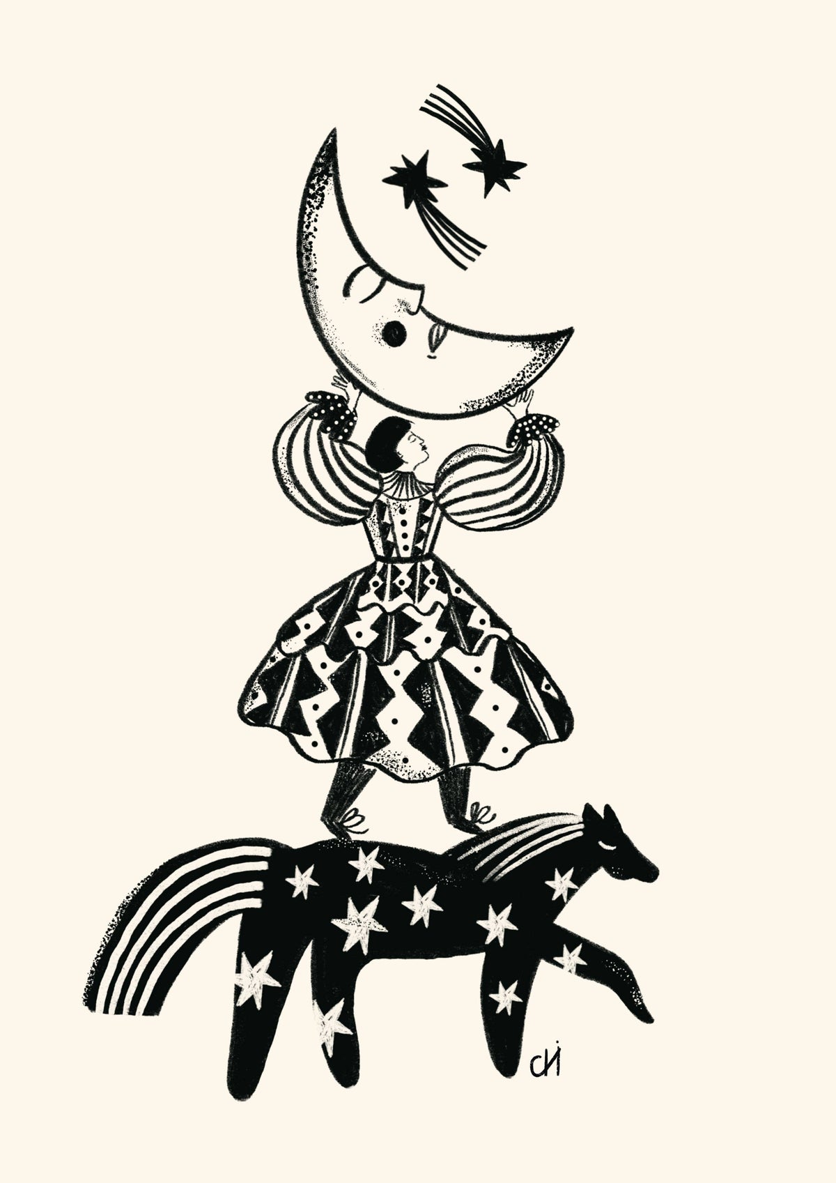 Detailopname van de folkstijl illustratie Folkdromer met maanfiguur op een paard met sterren door Carole Hillman