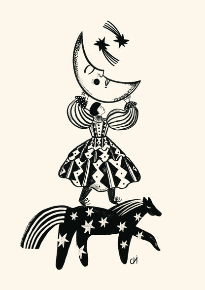 Detailopname van de folkstijl illustratie Folkdromer met maanfiguur op een paard met sterren door Carole Hillman