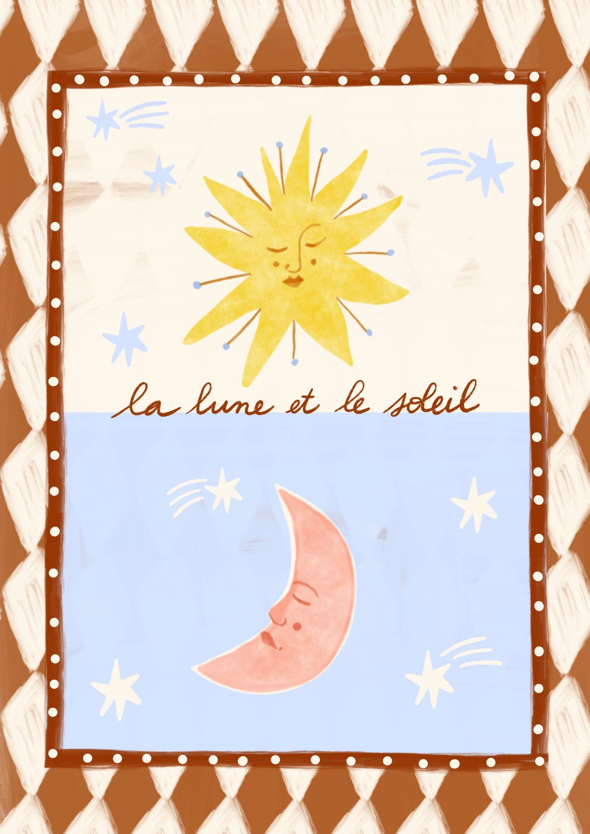 Detailopname van de folkstijl kunstprint met de Franse tekst la lune et le soleil, zon en maan door Carole Hillman