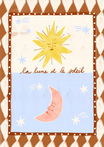 Detailopname van de folkstijl kunstprint met de Franse tekst la lune et le soleil, zon en maan door Carole Hillman